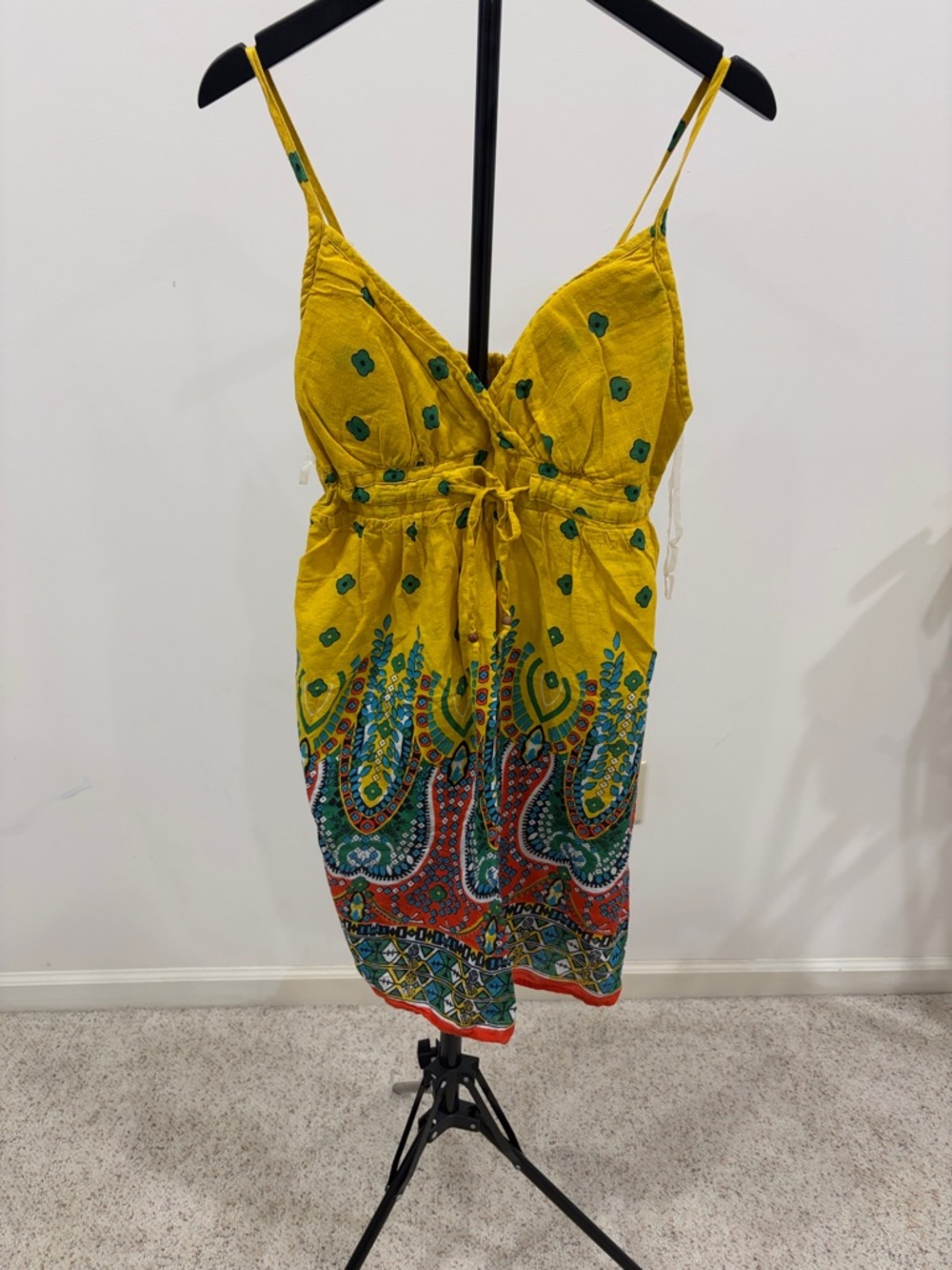 Yellow Printed Spaghetti-Strap Summer Dress